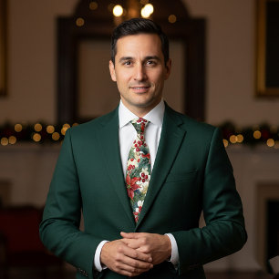 Watercolor poinsettia and holly pattern Christmas Tie