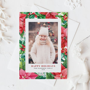 Watercolor Poinsettia and Holly Photo Christmas Holiday Card