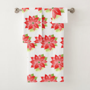 Watercolor Poinsettia and Pattern Bath Towel Set