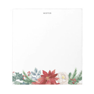 Watercolor Poinsettia and Pine Needles Holiday Notepad