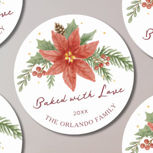 Watercolor Poinsettia Baked with Love Baking Classic Round Sticker