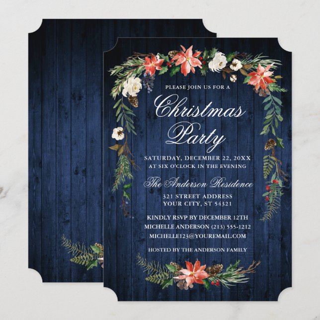 Watercolor Poinsettia Blue Wood Christmas Party Invitation (Front/Back)