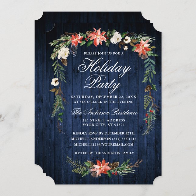 Watercolor Poinsettia Blue Wood Holiday Party Invitation (Front/Back)