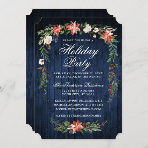 Watercolor Poinsettia Blue Wood Holiday Party Invitation