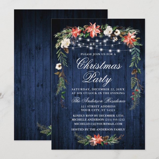 Watercolor Poinsettia Blue Wood Lights Christmas Invitation (Front/Back)