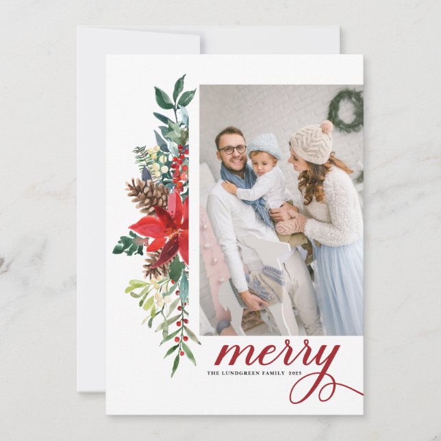 Watercolor Poinsettia Botanical Christmas Photo Holiday Card (Front)