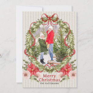 Watercolor Poinsettia Bow Family Photo Christmas Holiday Card