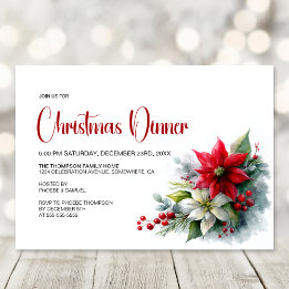 Watercolor Poinsettia Christmas Dinner Party Invitation