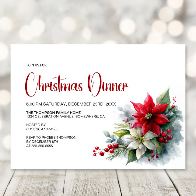 Watercolor Poinsettia Christmas Dinner Party Invitation (Creator Uploaded)