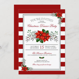 Watercolor Poinsettia Christmas Dinner Party Invitation