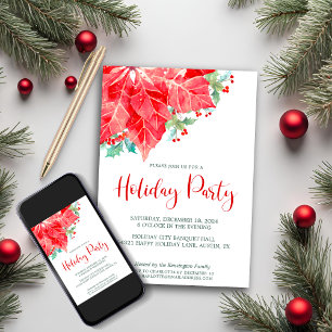 Watercolor Poinsettia Christmas Holiday Party Card