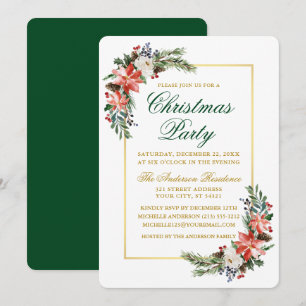 Watercolor Poinsettia Christmas Party Gold Green Invitation