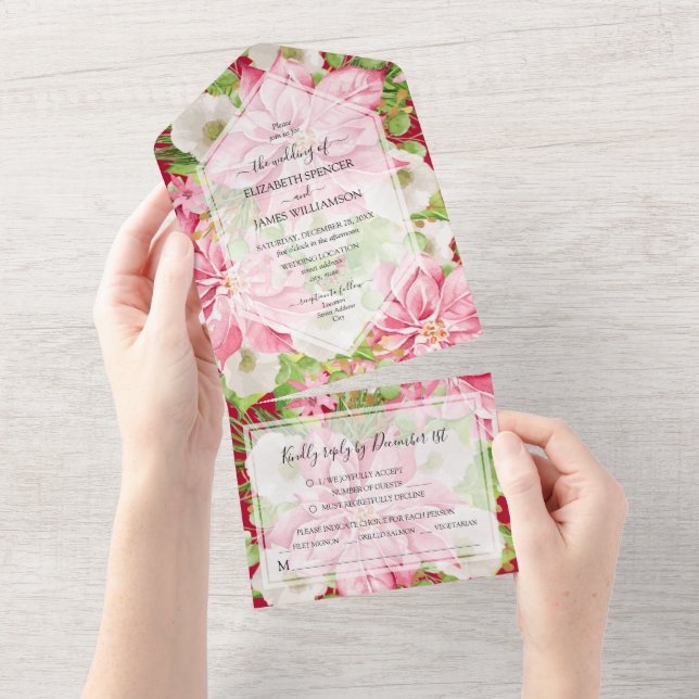 Watercolor Poinsettia Christmas Wedding All In One Invitation (Tearaway)