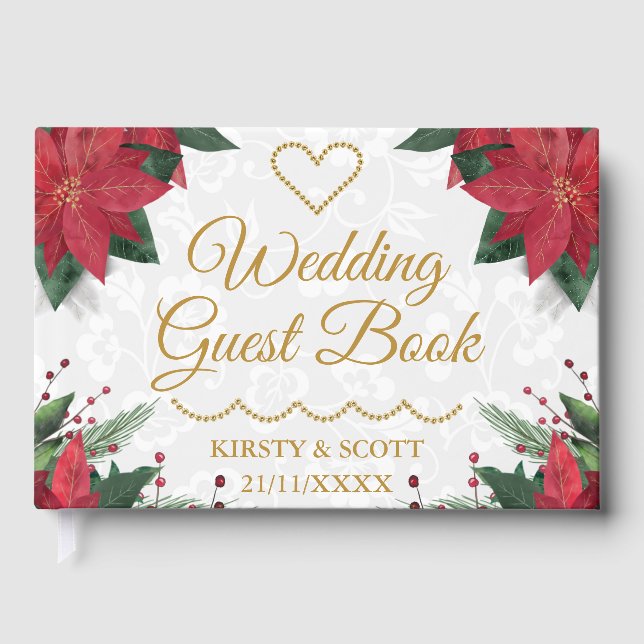 Watercolor Poinsettia Christmas Winter Wedding Guest Book (Front)