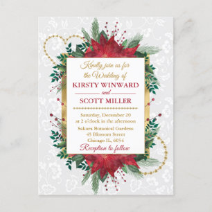 Watercolor Poinsettia Christmas Winter Wedding Inv Postcard