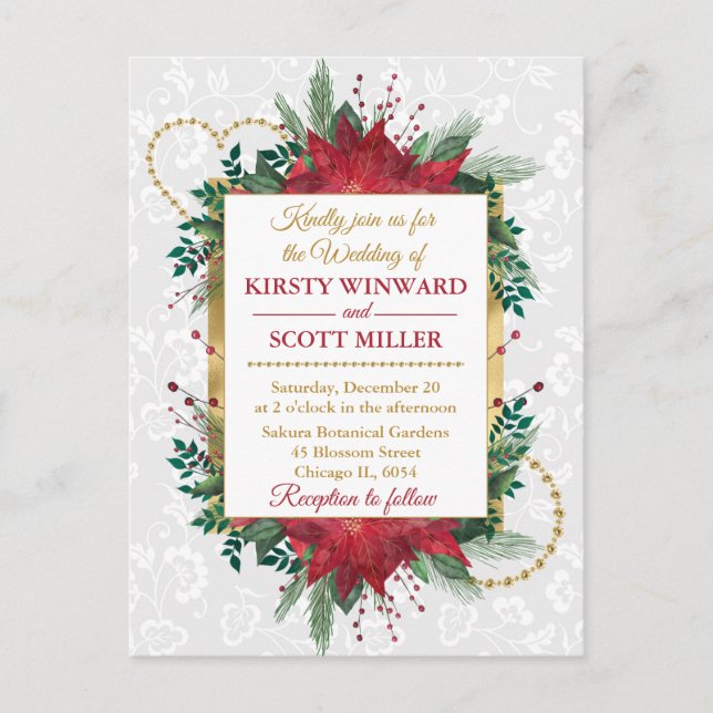 Watercolor Poinsettia Christmas Winter Wedding Inv Postcard (Front)