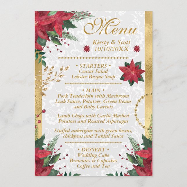Watercolor Poinsettia Christmas Winter Wedding Menu (Front)