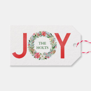 Watercolor Poinsettia Christmas Wreath Joy Gift Tags