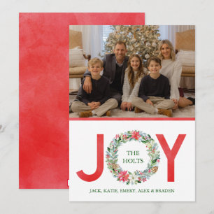 Watercolor Poinsettia Christmas Wreath Joy Holiday Card