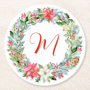 Watercolor Poinsettia Christmas Wreath Monogram Round Paper Coaster