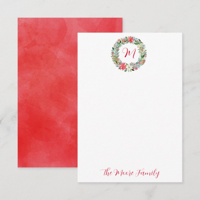 Watercolor Poinsettia Christmas Wreath Monogram Thank You Card (Front/Back)