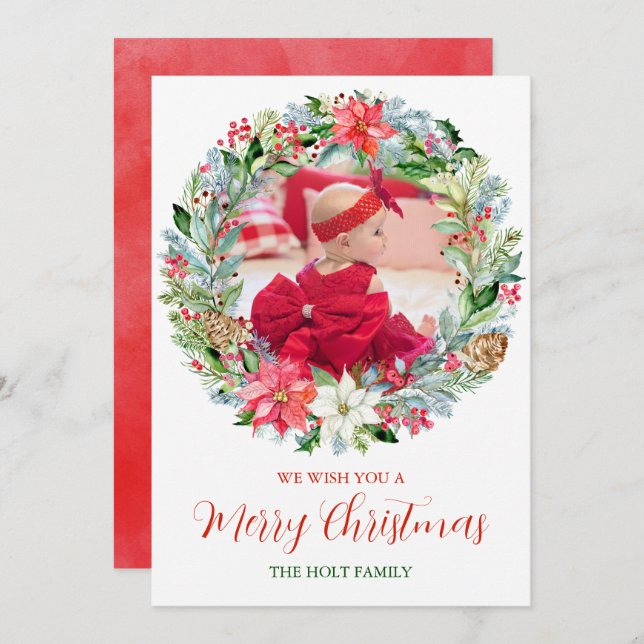 Watercolor Poinsettia Christmas Wreath Photo Cards (Front/Back)