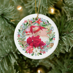 Watercolor Poinsettia Christmas Wreath Photo Ceramic Tree Decoration