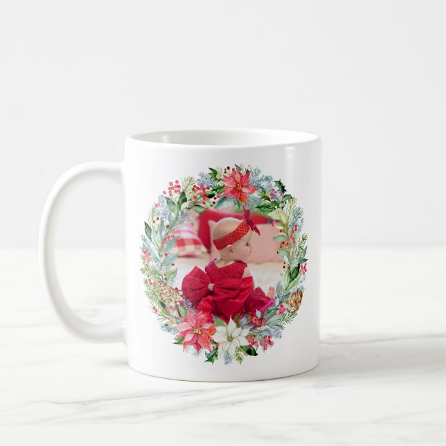 Watercolor Poinsettia Christmas Wreath Photo Coffee Mug (Left)