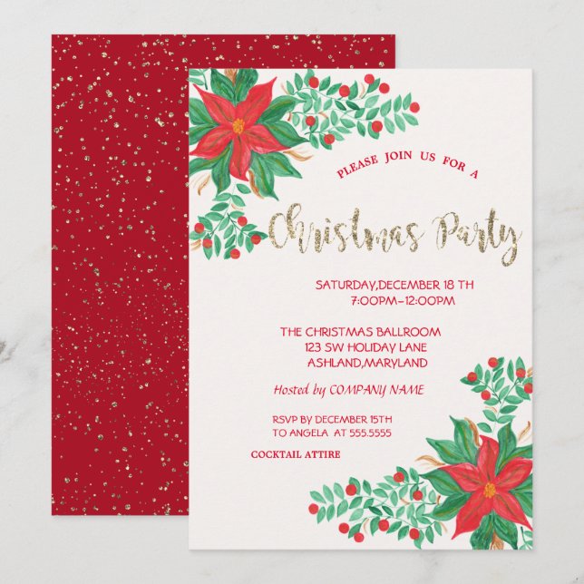Watercolor Poinsettia,Confetti Company Christmas Invitation (Front/Back)