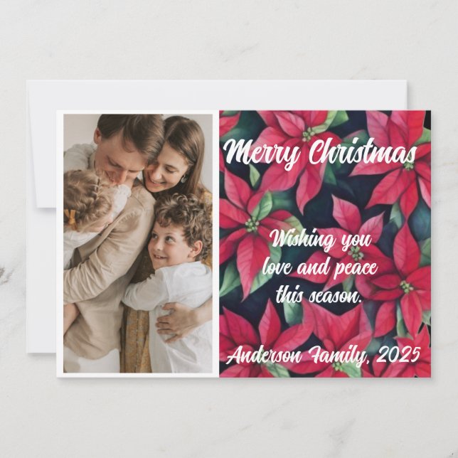 Watercolor Poinsettia Custom Photo Christmas  Holiday Card (Front)