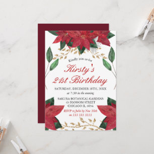 Watercolor Poinsettia Floral Christmas Birthday Invitation