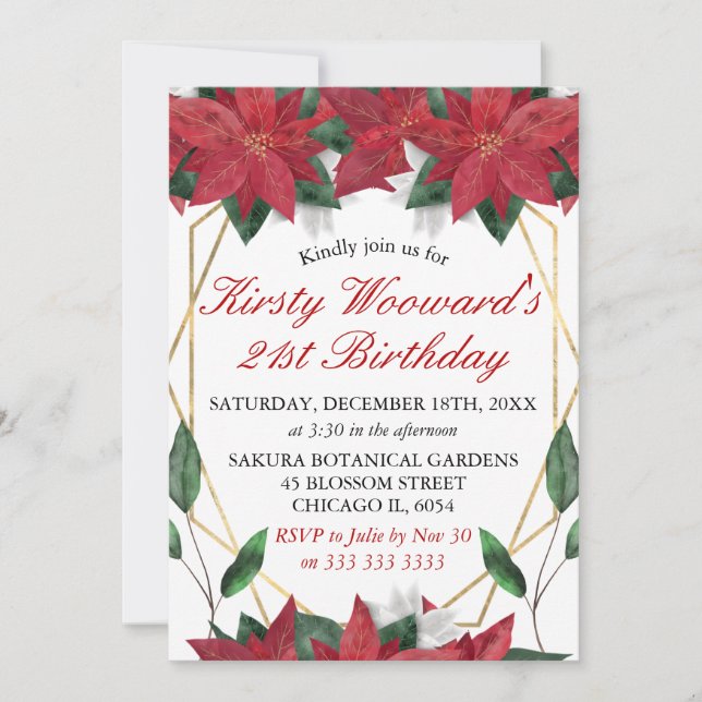Watercolor Poinsettia Floral Christmas Birthday Invitation (Front)