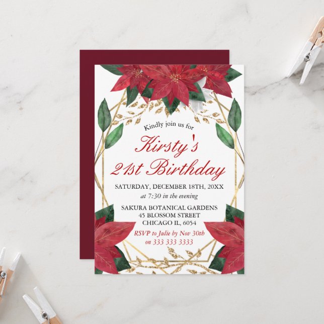 Watercolor Poinsettia Floral Christmas Birthday Invitation (Front/Back In Situ)