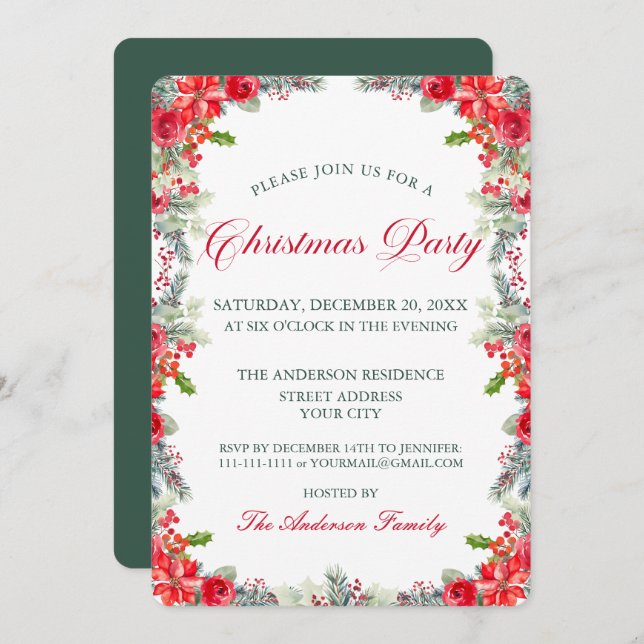 Watercolor Poinsettia Floral Christmas Party Invitation (Front/Back)