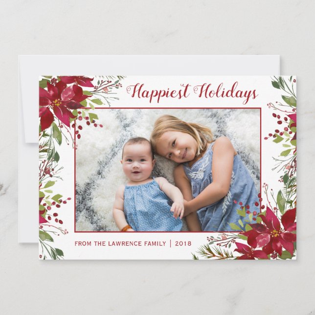 Watercolor Poinsettia Floral Christmas Photo Holiday Card (Front)