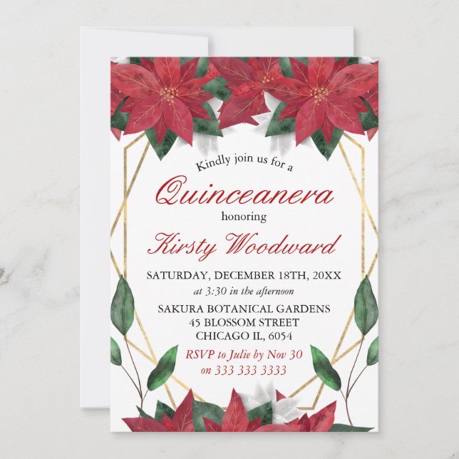 Watercolor Poinsettia Floral Christmas Quinceanera Invitation (Front)