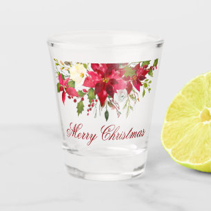 Watercolor Poinsettia Floral Christmas Red Script Shot Glass