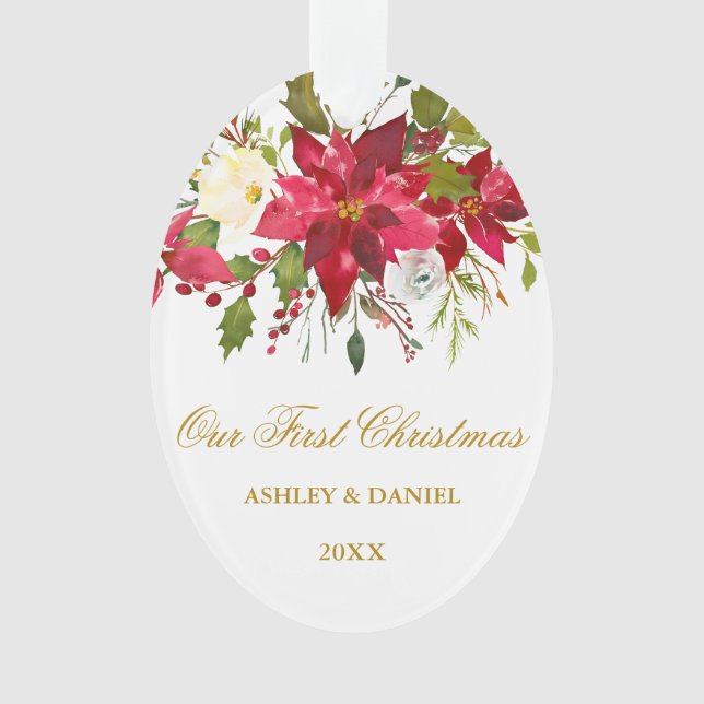 Watercolor Poinsettia Floral First Christmas Gld Ornament (Front)
