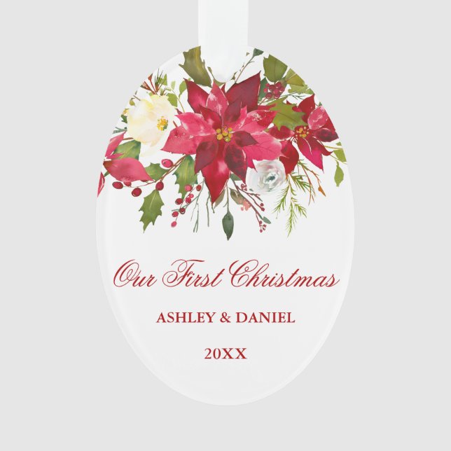 Watercolor Poinsettia Floral First Christmas Rd Ornament (Front)