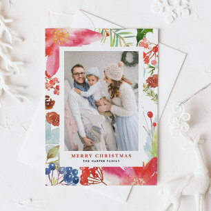 Watercolor Poinsettia Floral Frame Photo Christmas Holiday Postcard