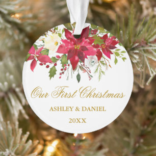 Watercolor Poinsettia Floral Gold First Christmas Ornament