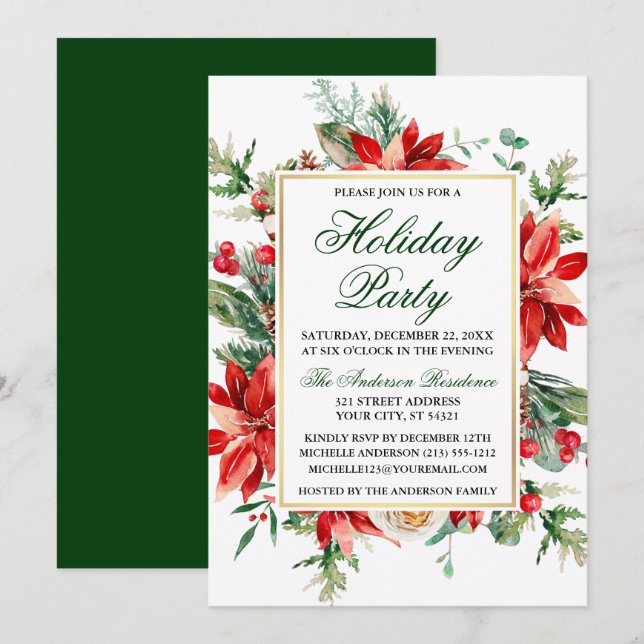 Watercolor Poinsettia Floral Green Holiday Party Invitation (Front/Back)