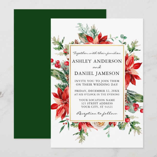 Watercolor Poinsettia Floral Green Wedding Invitation (Front/Back)