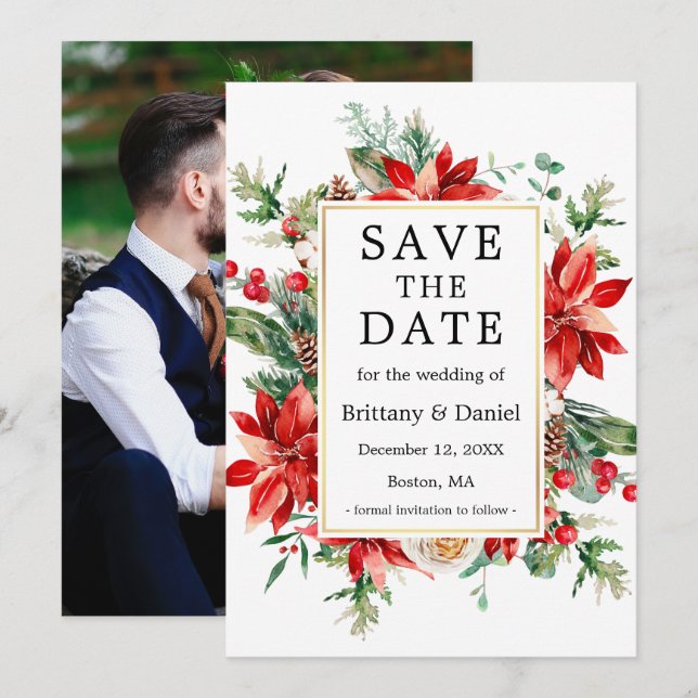 Watercolor Poinsettia Floral Greenery Photo Save The Date (Front/Back)