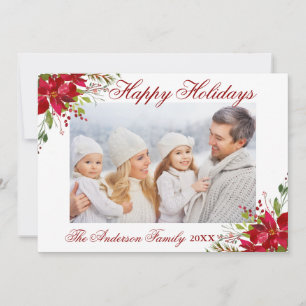 Watercolor Poinsettia Floral Happy Holidays Photo Holiday Card