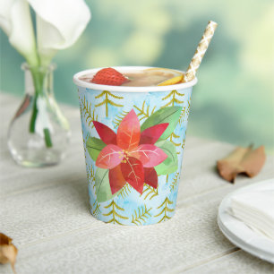 Watercolor Poinsettia Floral Holiday Paper Cups