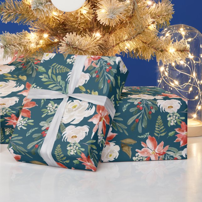 Watercolor Poinsettia Floral Holiday Season Wrapping Paper (Holidays)