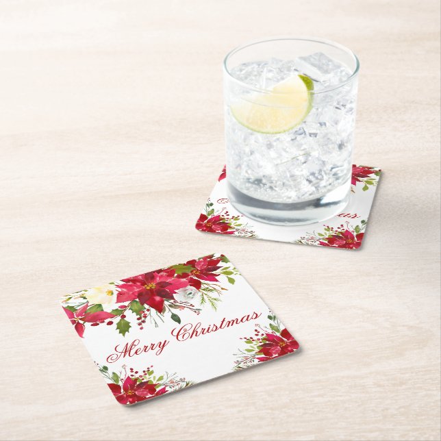 Watercolor Poinsettia Floral Merry Christmas Square Paper Coaster (Insitu)