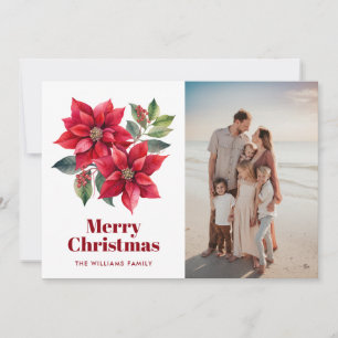 Watercolor Poinsettia Floral Photo Christmas Card