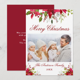 Watercolor Poinsettia Floral Photo Christmas Card